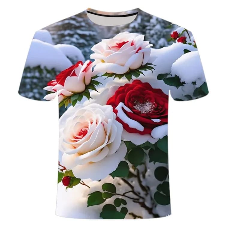 2026 Summer Bestseller 3D Printed T-Shirt, Snow Rose Series, Men's Retro Fashion Round Neck Short Sleeve T-Shirt Y2