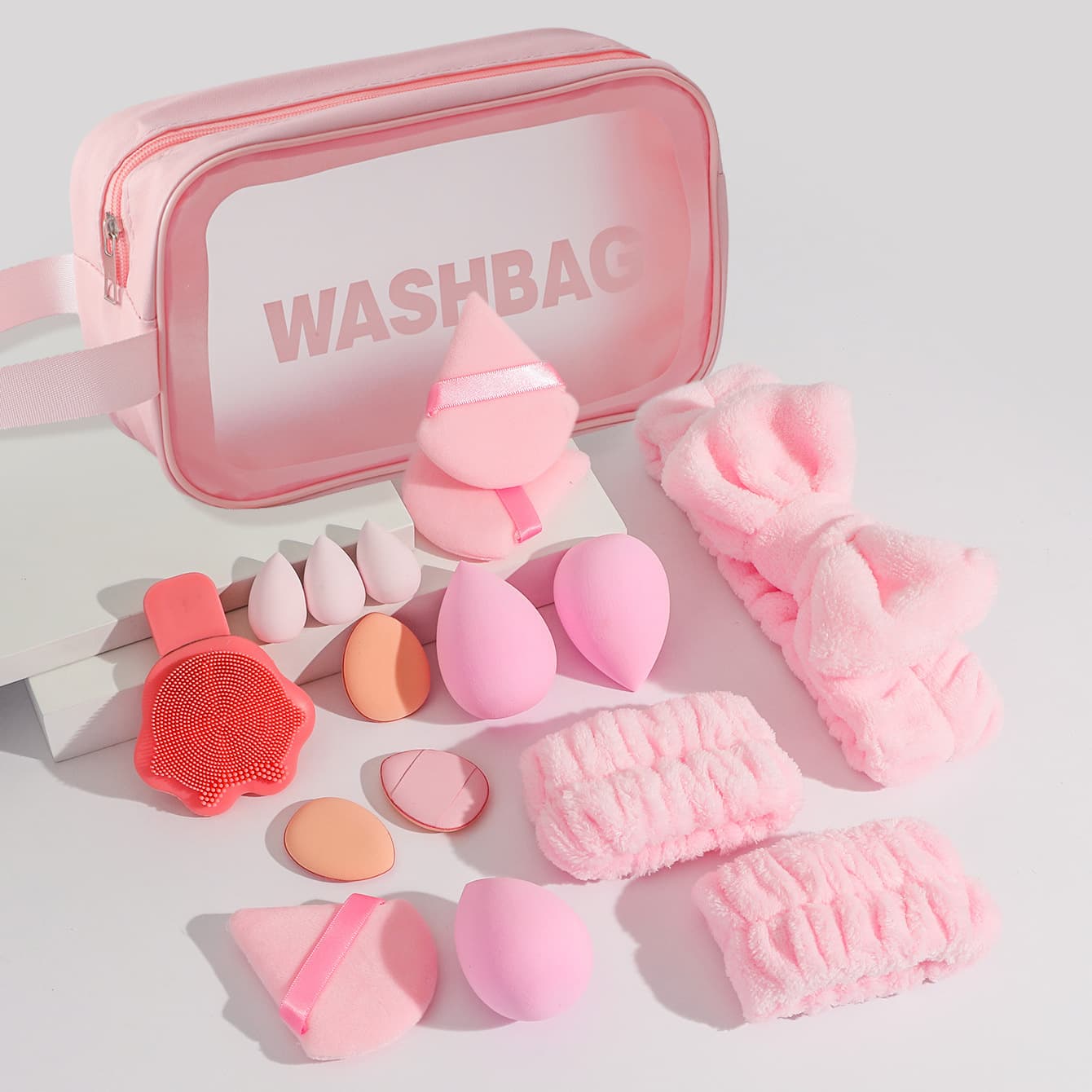 Travel Beauty Egg Set Hair Ties Headwear Wristbands Face Wash Brush Waterproof Tool Kit Makeup Sponge Set Cosmetic Bag