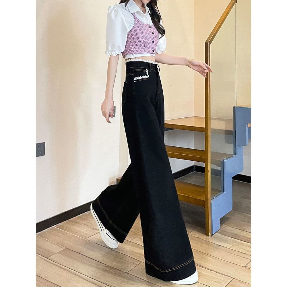 Fleece-Lined Thick Black Lace Jeans for Women Winter 2025 High-Waist Loose Petite Design Straight-Leg Pants