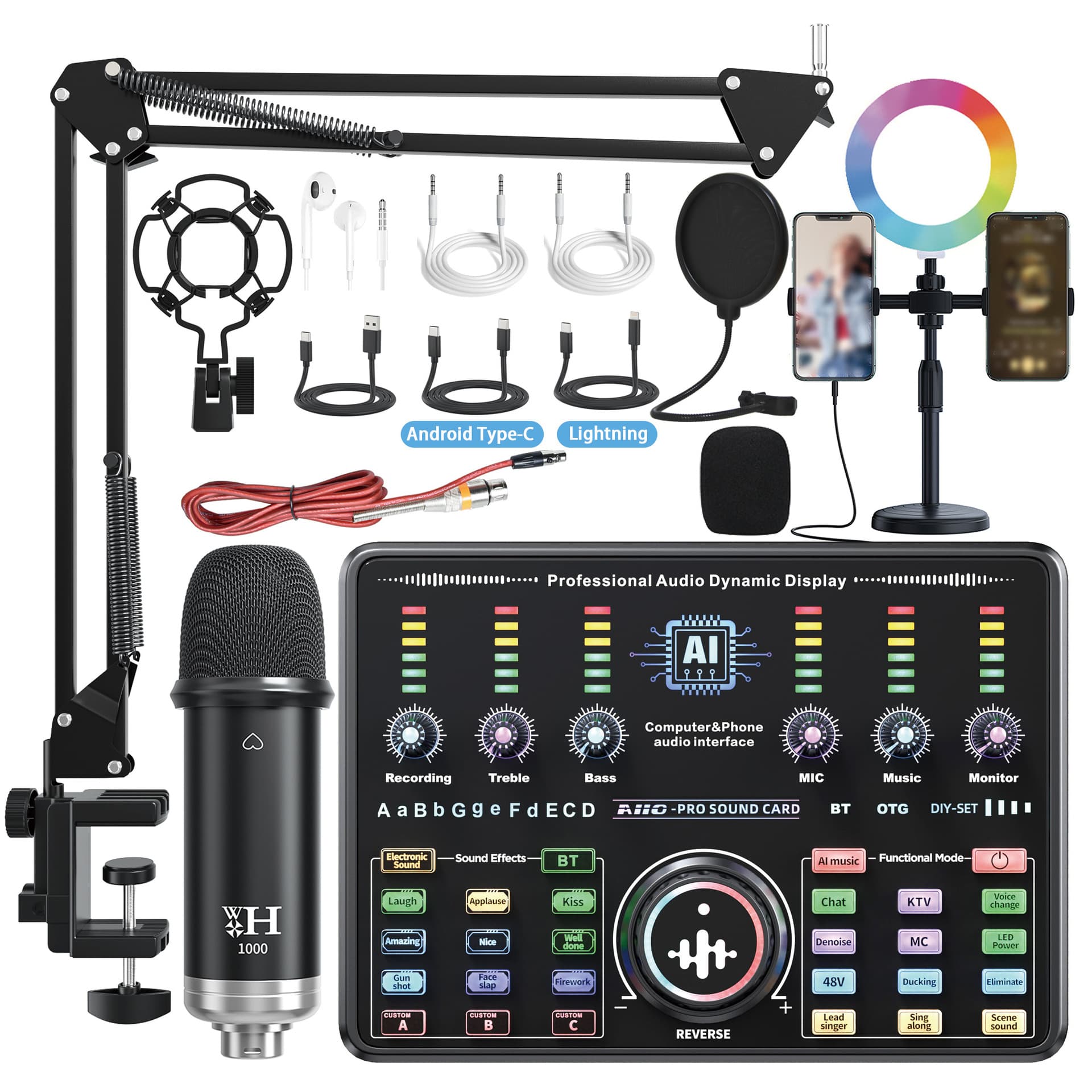 Temu certified AI sound repair English sound card live broadcast RGB lamp mobile phone karaoke microphone sound card live broadcast dedicated full set