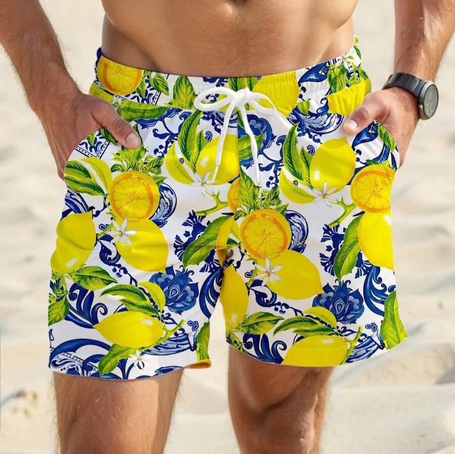 Personalized fresh lemon pattern men's loose drawstring shorts for vacation wear