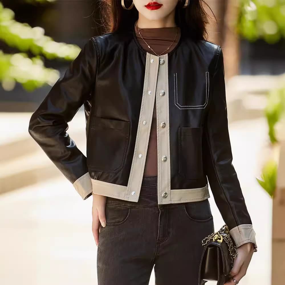 2025 Spring New Leather Jacket Short Women's Color Block Round Neck Small Leather Jacket Women's Spot Leather Jacket Wholesale