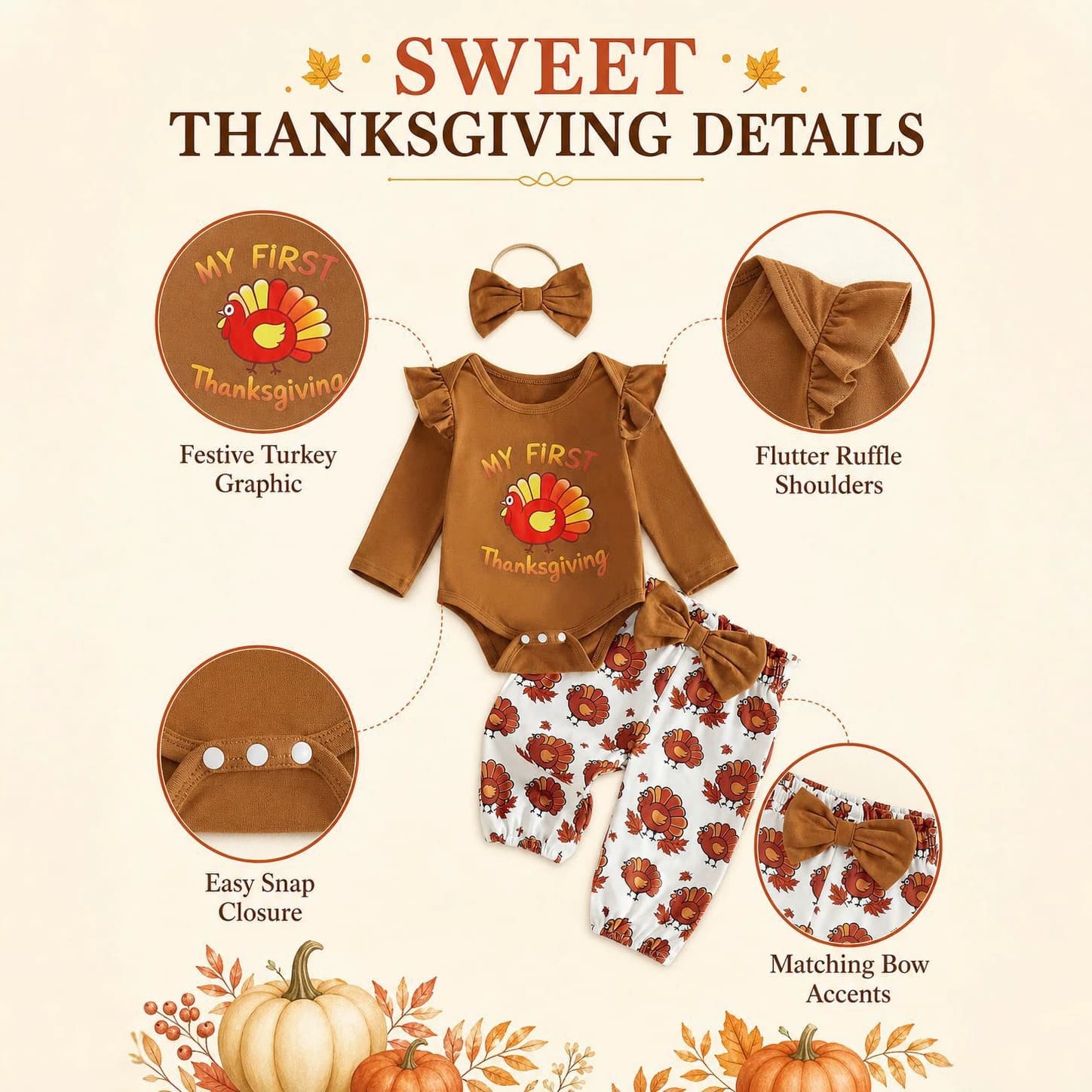 Amazon’s best-selling Thanksgiving turkey baby girl’s flying-sleeved khaki and leggings, a complete outfit for going out