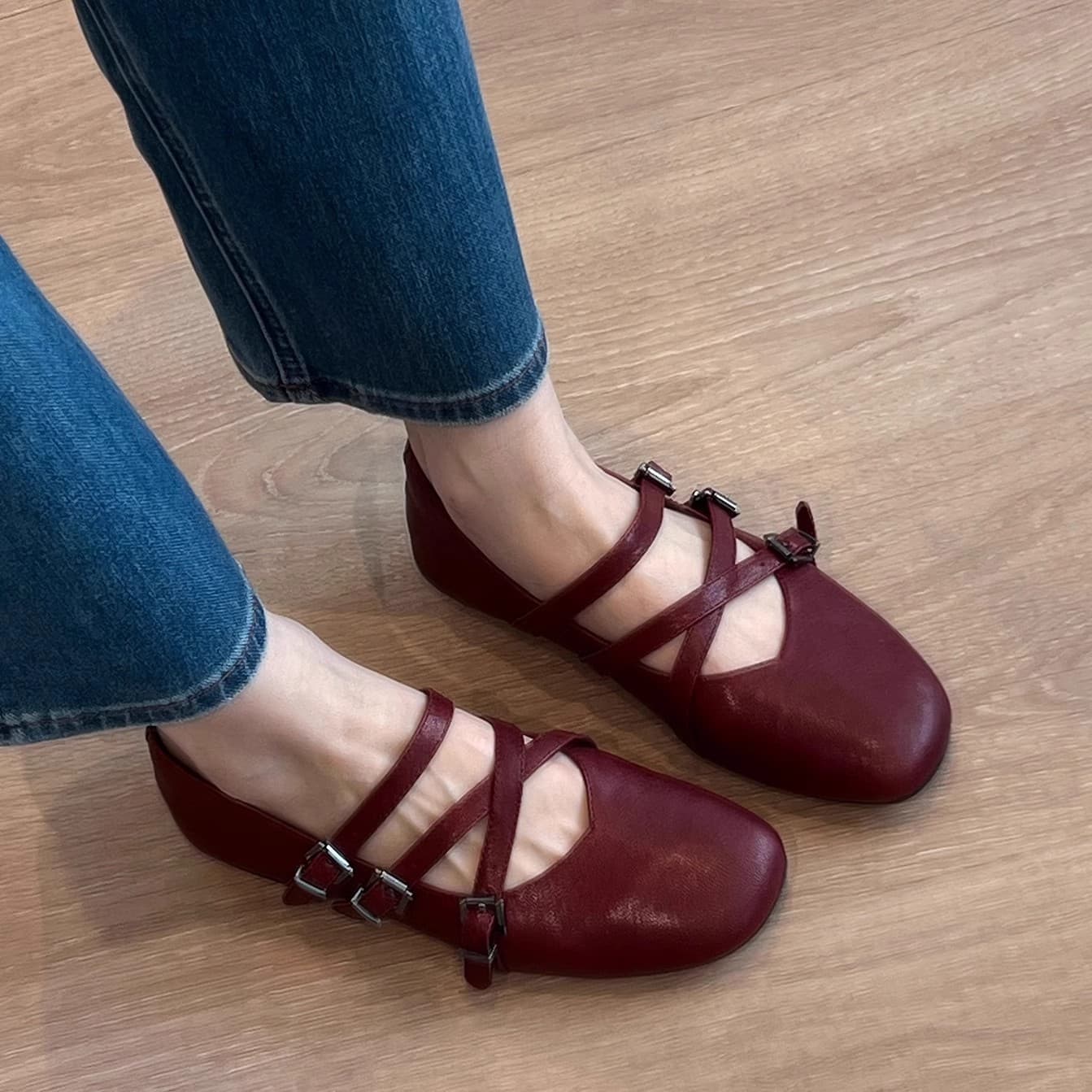 Sheepskin Version~ French Cross-Strap Red Mary Jane Flats Women's Ballet Shoes with Shallow Mouth