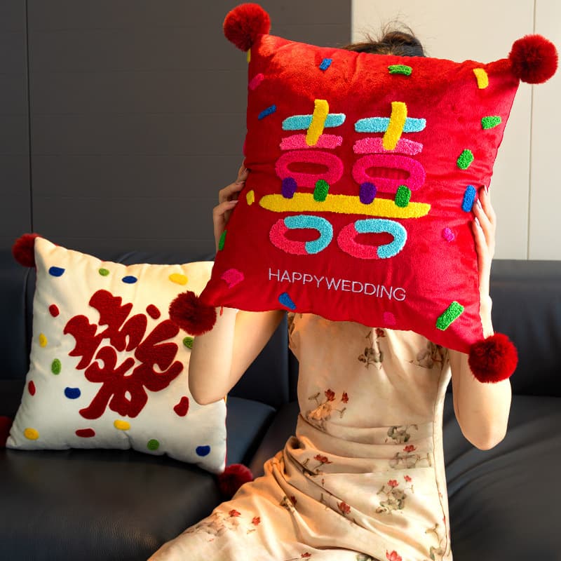 2024 Dopamine "Double Happiness" Pressure Bed Pillow Pair for Bridal Room, Red Xi Character Sofa Cushion, Wedding Decor