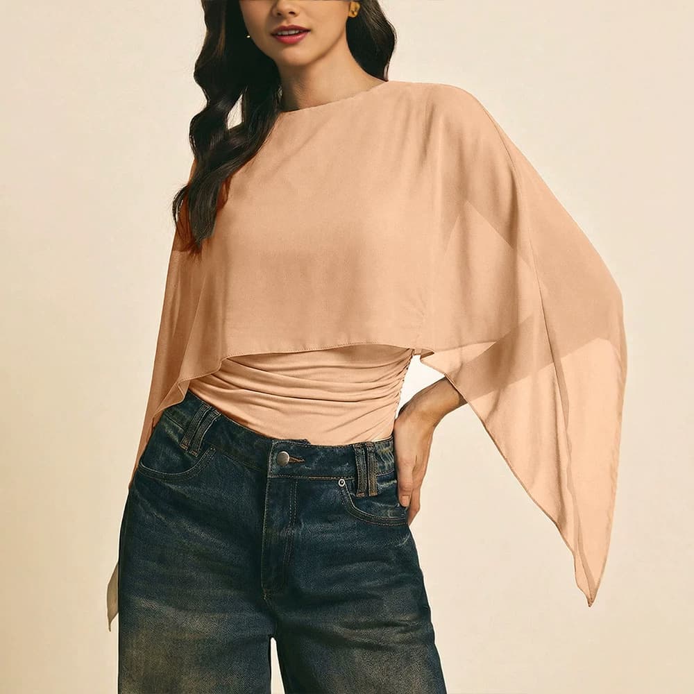 AE176 Spring Solid Color Spun Cape Sleeve Women 2026 Spring Round Neck Loose Blouse Slimming Fake Two-Piece Irregular T-Shirt