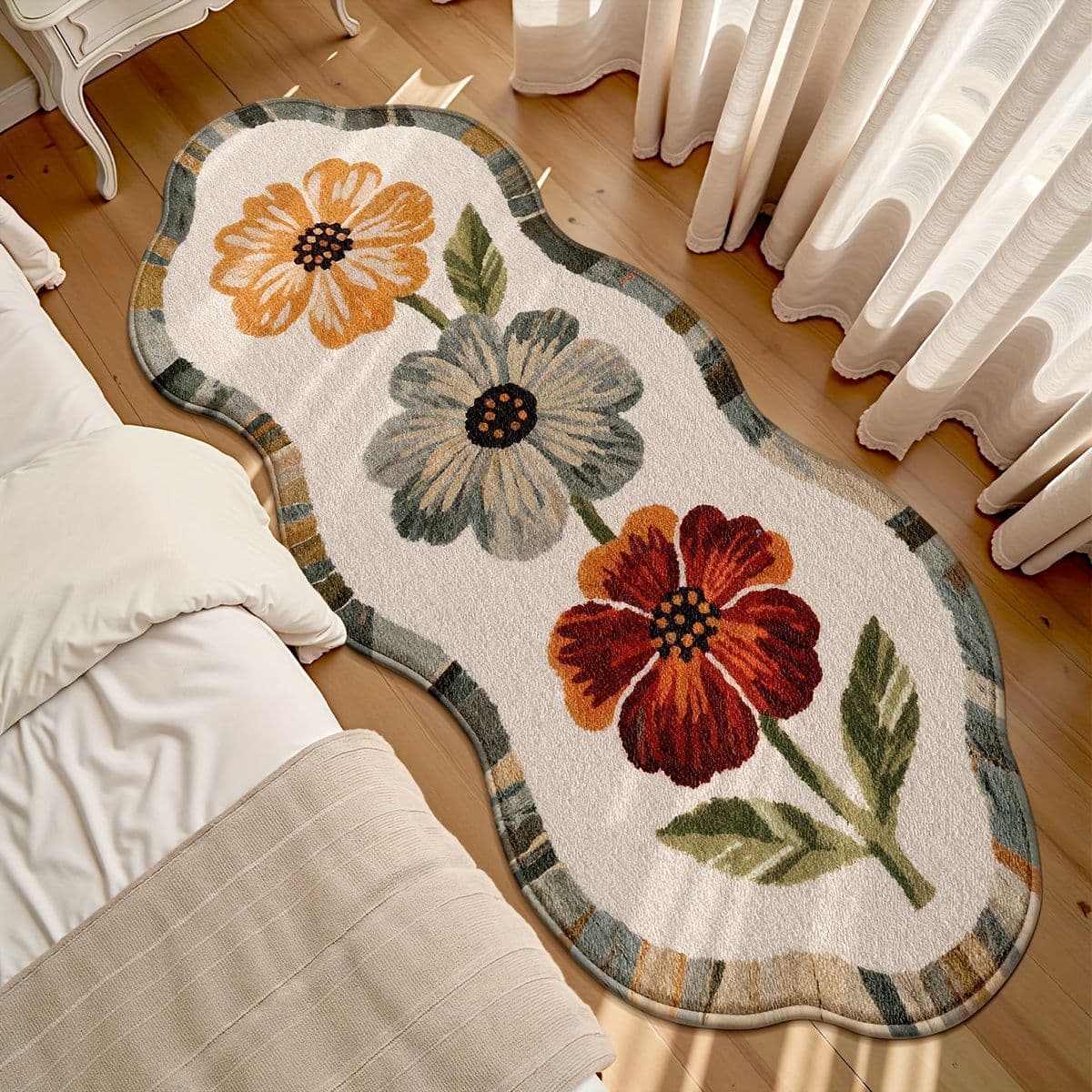Amazon Temu Dropshipping Floral Faux Cashmere Carpet, Irregular Long Rug for Living Room, Easy-Care Bedside Rug for Bedroom