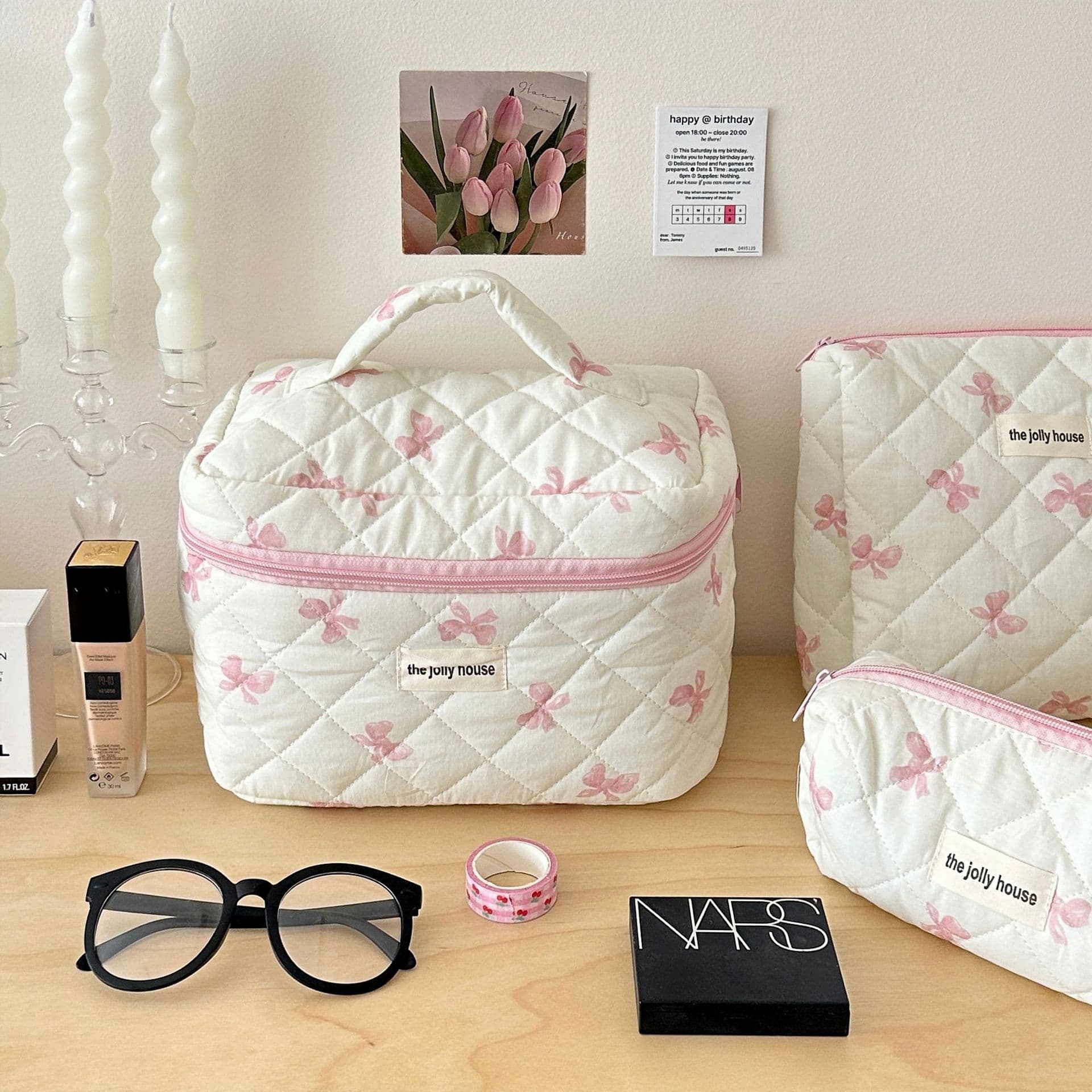 ins cute bow cosmetic bag female large capacity student dormitory storage bag pencil bag bag pencil bag set