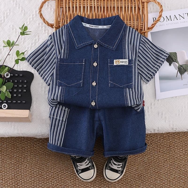 Boys' Summer Set 2026 New Fashionable Baby Summer Clothes Children Summer Denim Short Sleeve Shirt Handsome