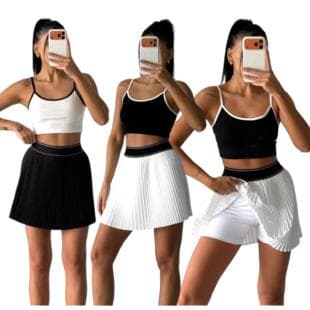 Sexy Strap Tank Top High-Waist Pleated Tennis Skirt Set Anti-Exposure Sports Mini Skirt Two-Piece Set Q6385