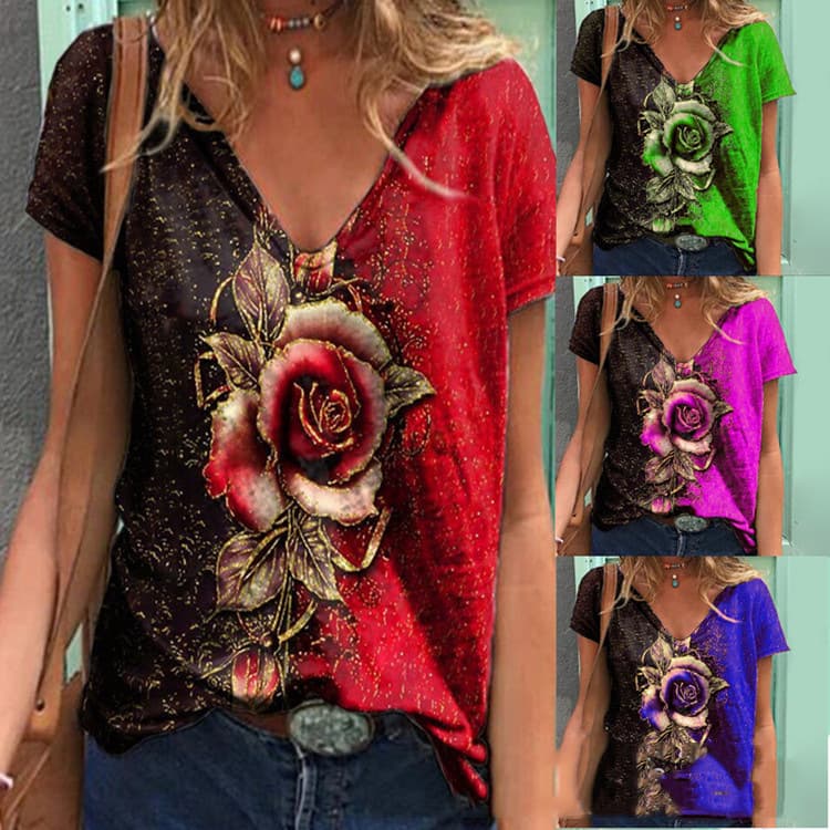 2021 European and American Cross-border eBay Independent Station Wish Summer V-Neck 3D Rose Short Sleeve Loose T-Shirt Women's Top