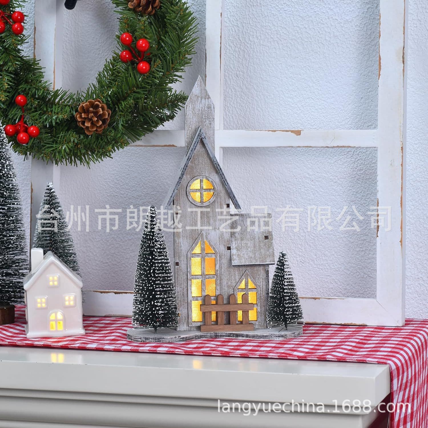 Wooden Christmas Village House with LED, Christmas Decoration Indoor Tabletop Centerpiece