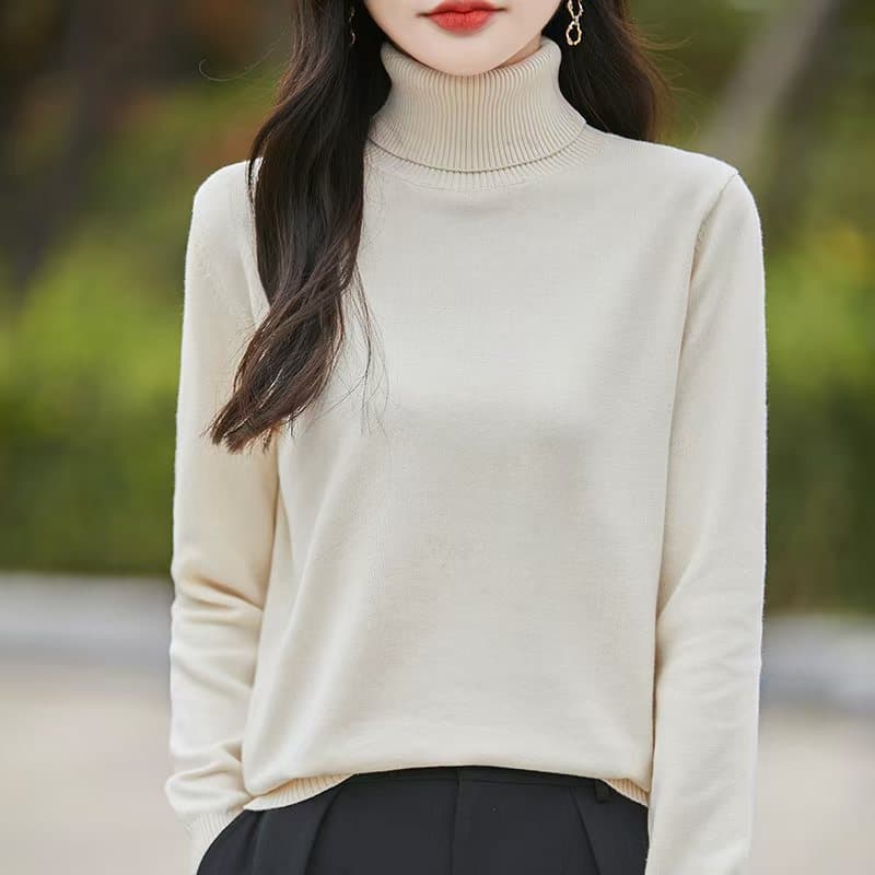 100% Cotton High Roll Neck Long Sleeve Pullover Sweater for Women Soft Skin-Friendly Loose Casual Base Thin Knitwear