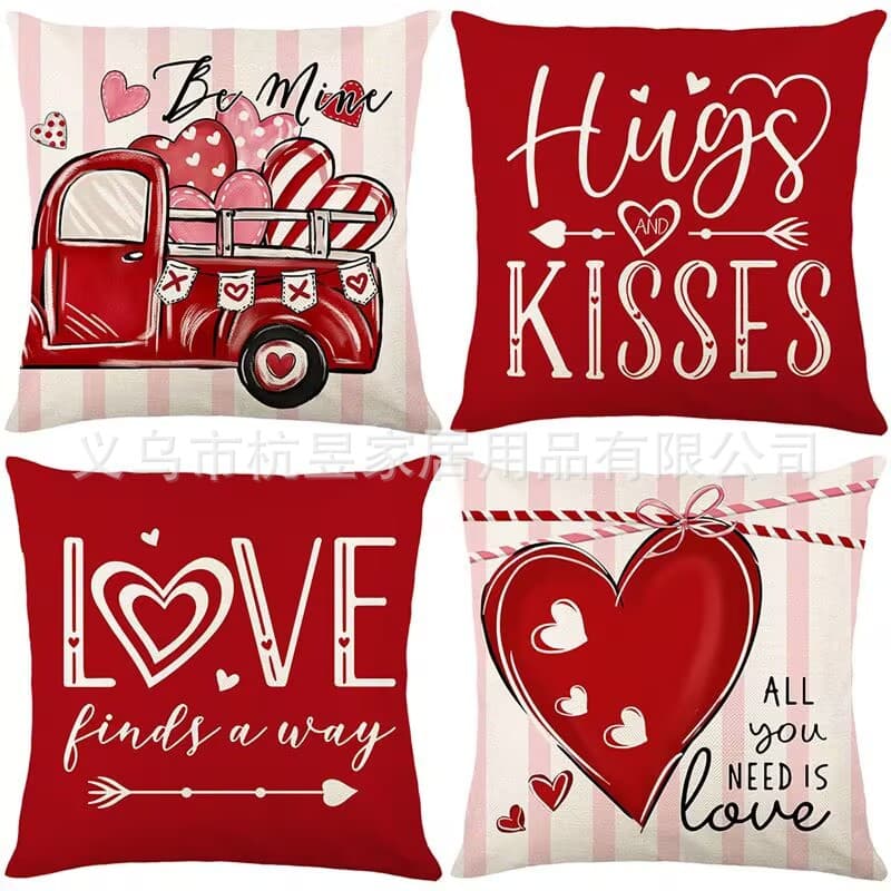 Red Heart Valentine's Day Cushion Cover Linen Print Holiday Home Sofa Decoration Cushion Cover Bedroom Cushion Cover