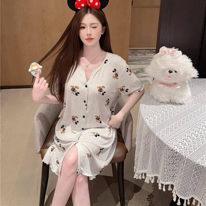 Women's Summer Sleep Dress Modal Ribbed Cotton Cartoon Mickey Print Loose Short Sleeve Mid-Length Sleep Dress with Chest Pad Homewear
