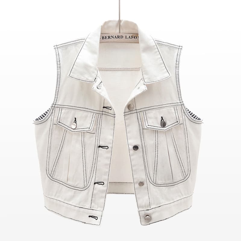2024 Spring New Korean Style Large Pocket Denim Vest for Women Short Sleeveless Waistcoat Outerwear Top