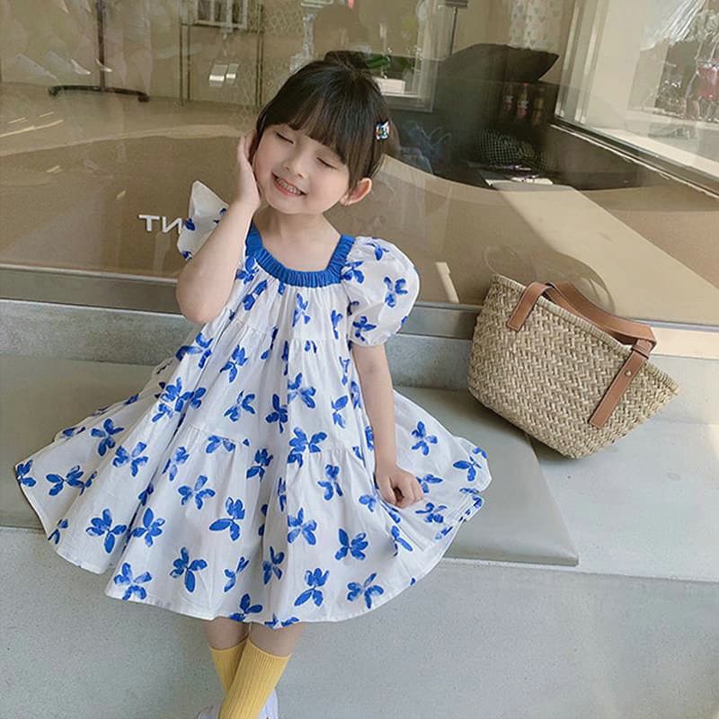 Cross-border Children's Clothing Wholesale Girls Dress Summer Kids Little Girl Blue Butterfly Square Collar Princess Dress 3-8 Years