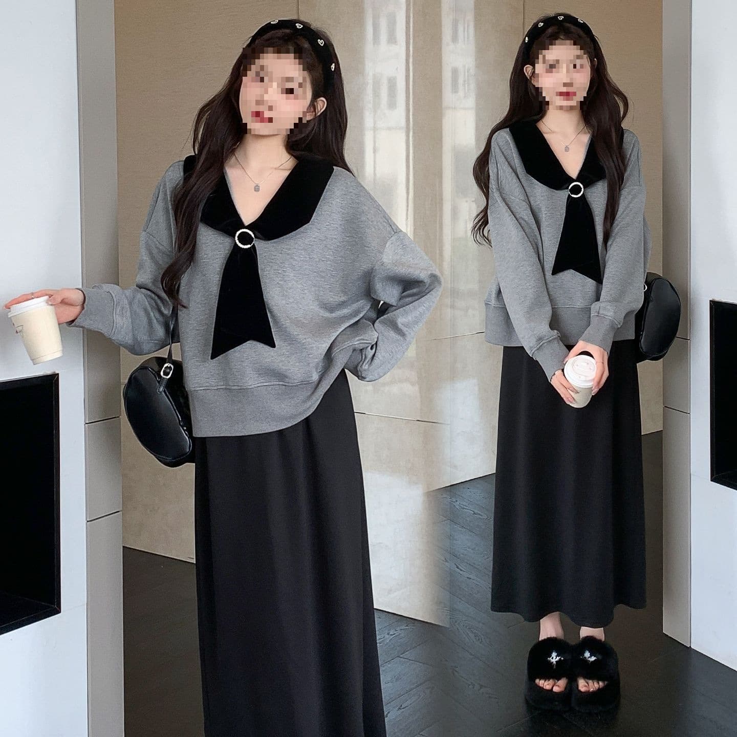 Autumn Fashion Set for Maternity Women: Loose Fit, College Style, Versatile Two-Piece Set with Sweatshirt and Skirt