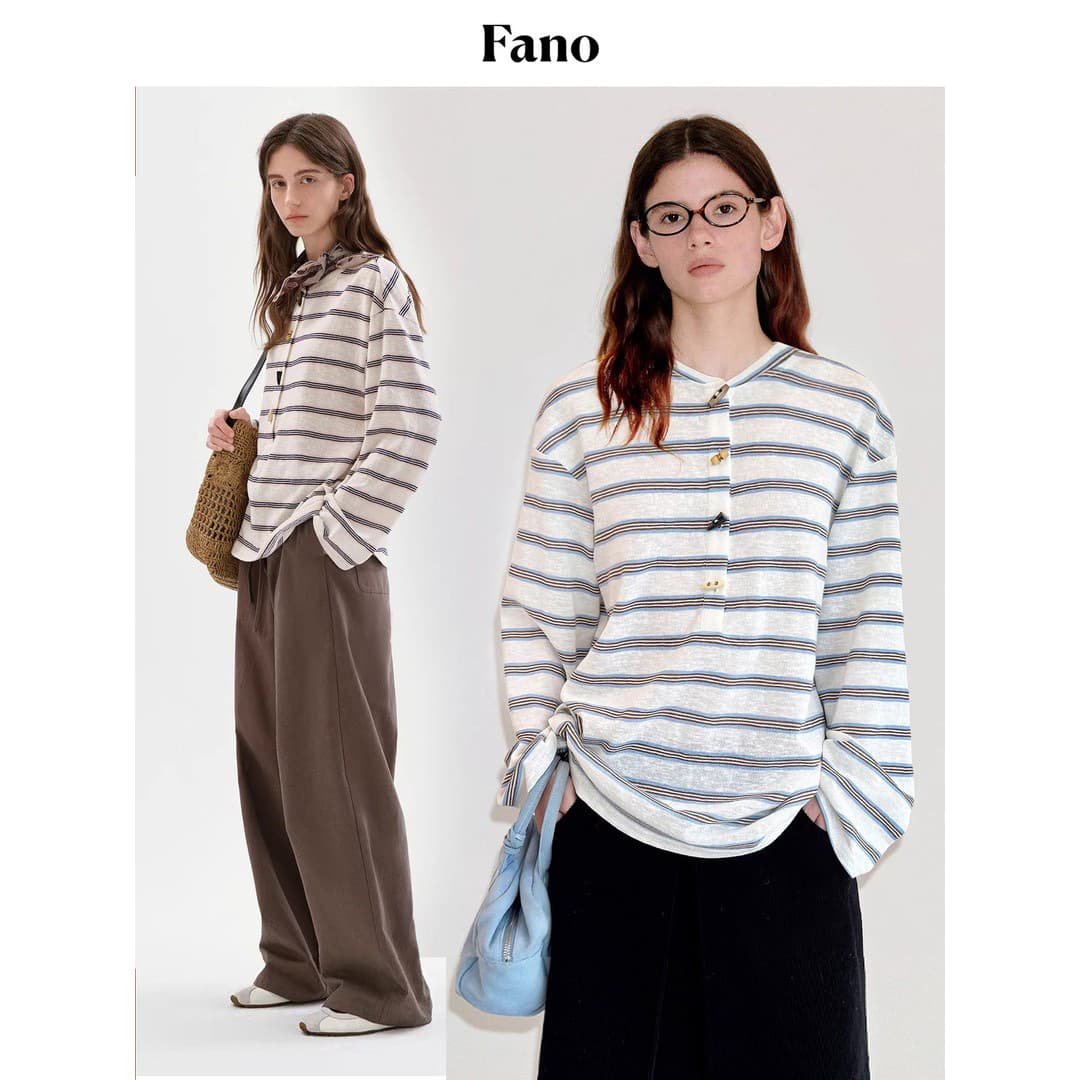 4655# Fan Luo Fano miu Horn Button Henley Shirt Vintage Casual Striped Long Sleeve Loose T-Shirt New Arrival