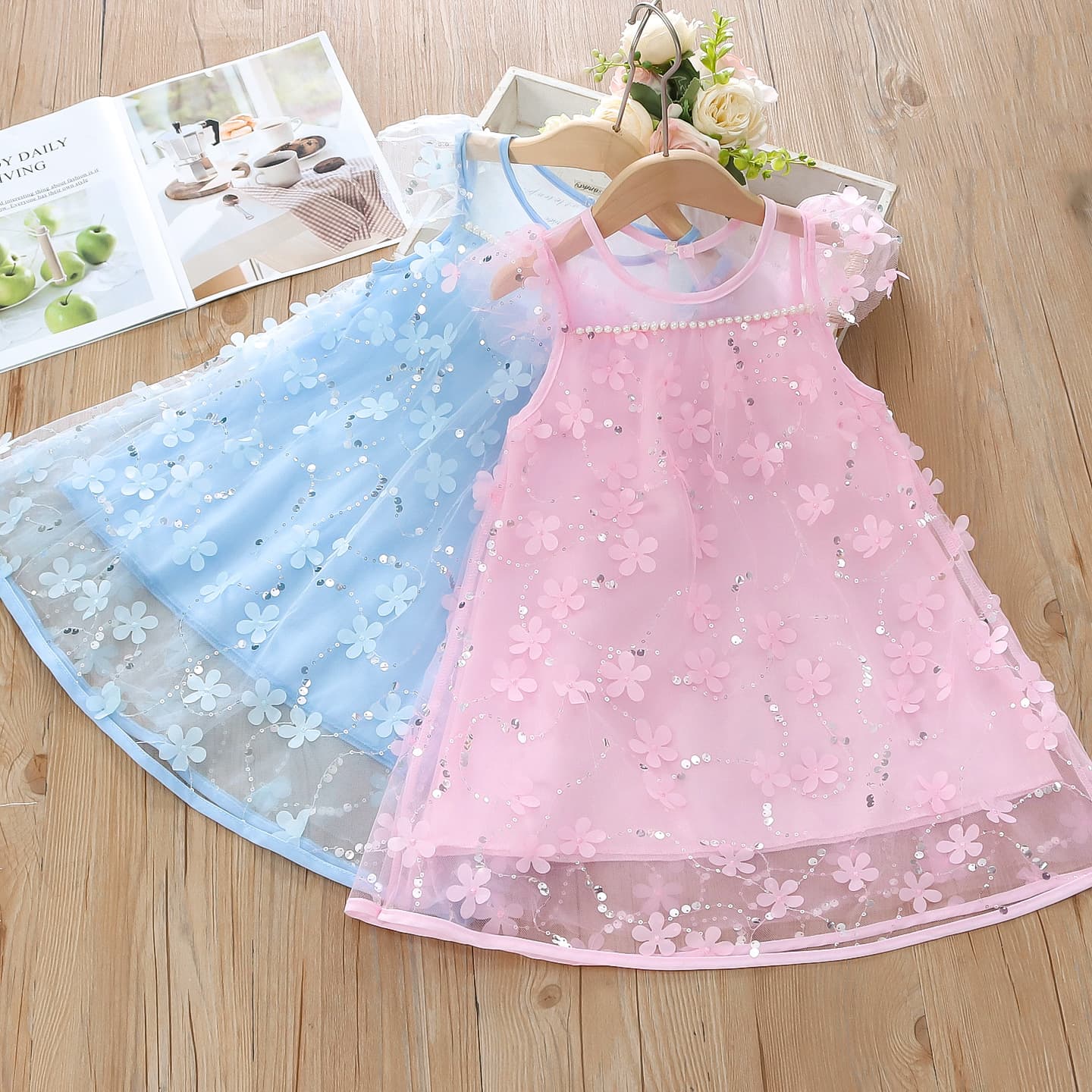2025 Summer 3D Embroidered Pearl Flutter Sleeve Mesh Baby Girl Ice Elsa A-Line Princess Dress