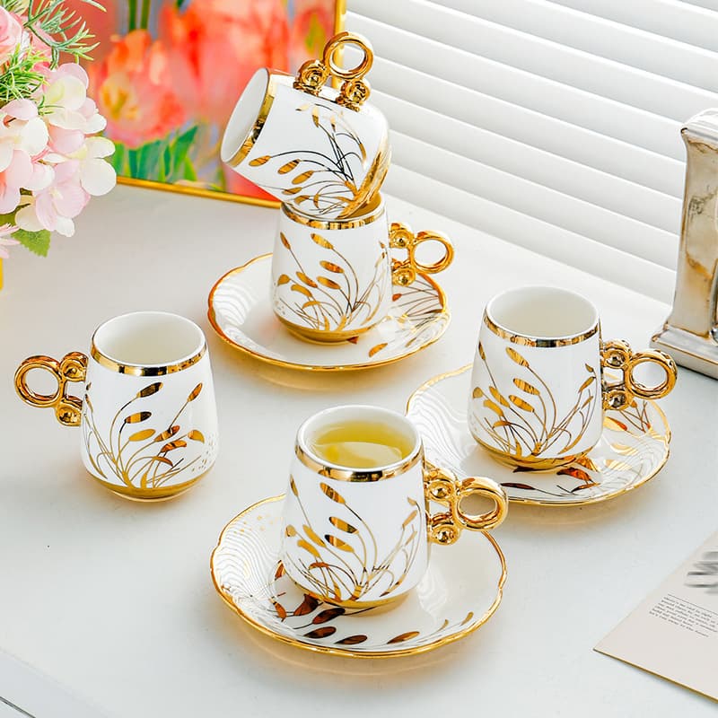 Ceramic coffee cup and saucer set electroplated gold ceramic cup gift six cups and six saucers European luxury Turkish tea cup