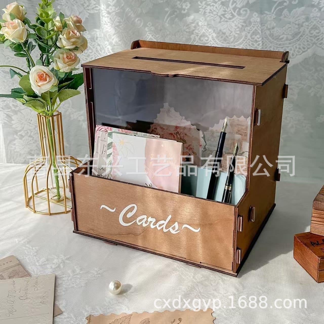 Amazon Wooden Wedding Card Box with Flower Slot Wedding Guest Book Box Wooden Postcard Storage Box Flower Display Box