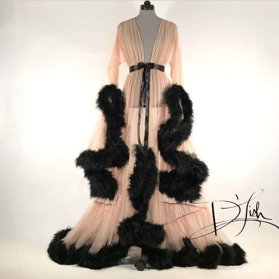 Sexy lingerie, feminine feather bell sleeves, long skirt, imitation rex rabbit fur sexy nightgown, see-through temptation suit