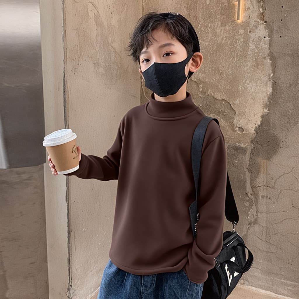 Children's Dralon base layer for autumn and winter, boys' semi-high neck thermal double-sided fleece, large kids' thermal mid-neck solid color top