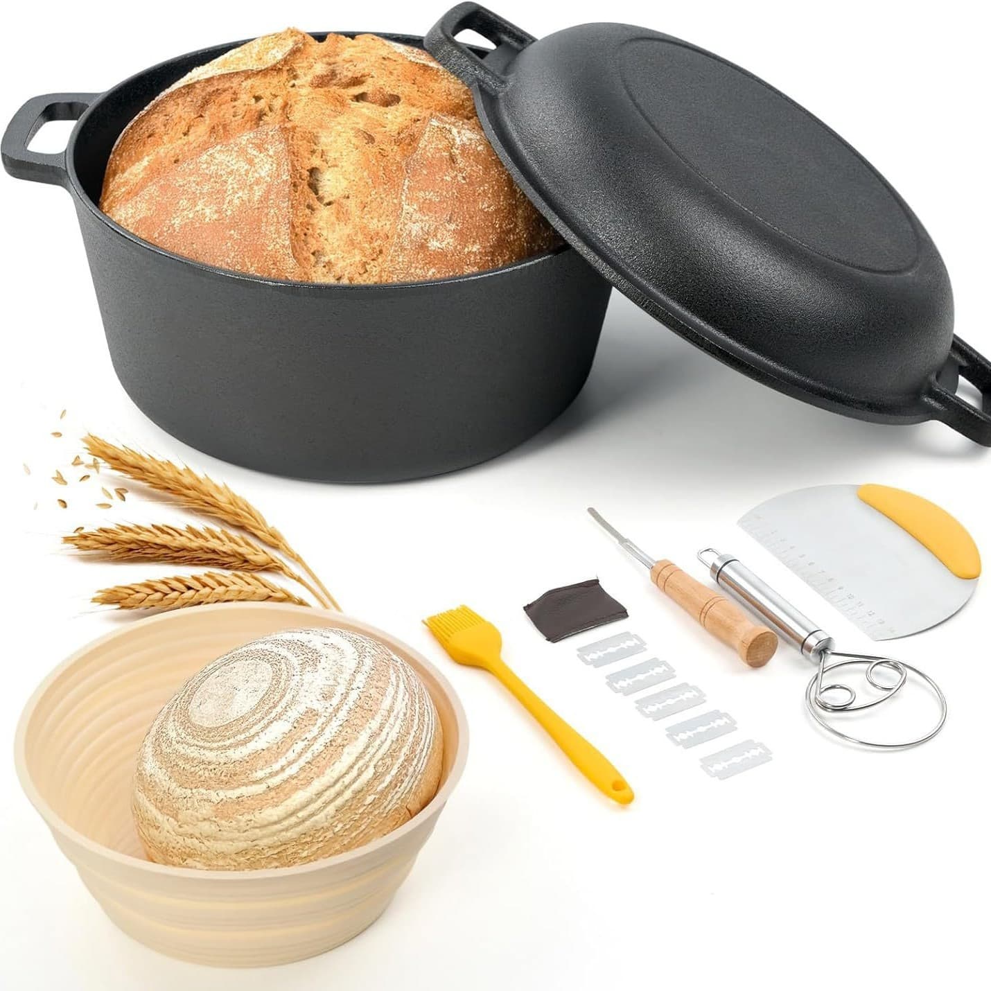 Amazon Cast Iron Dutch Oven Bread Baking 17-Piece Set, Bread Baking Supplies, Banneton Bread Basket