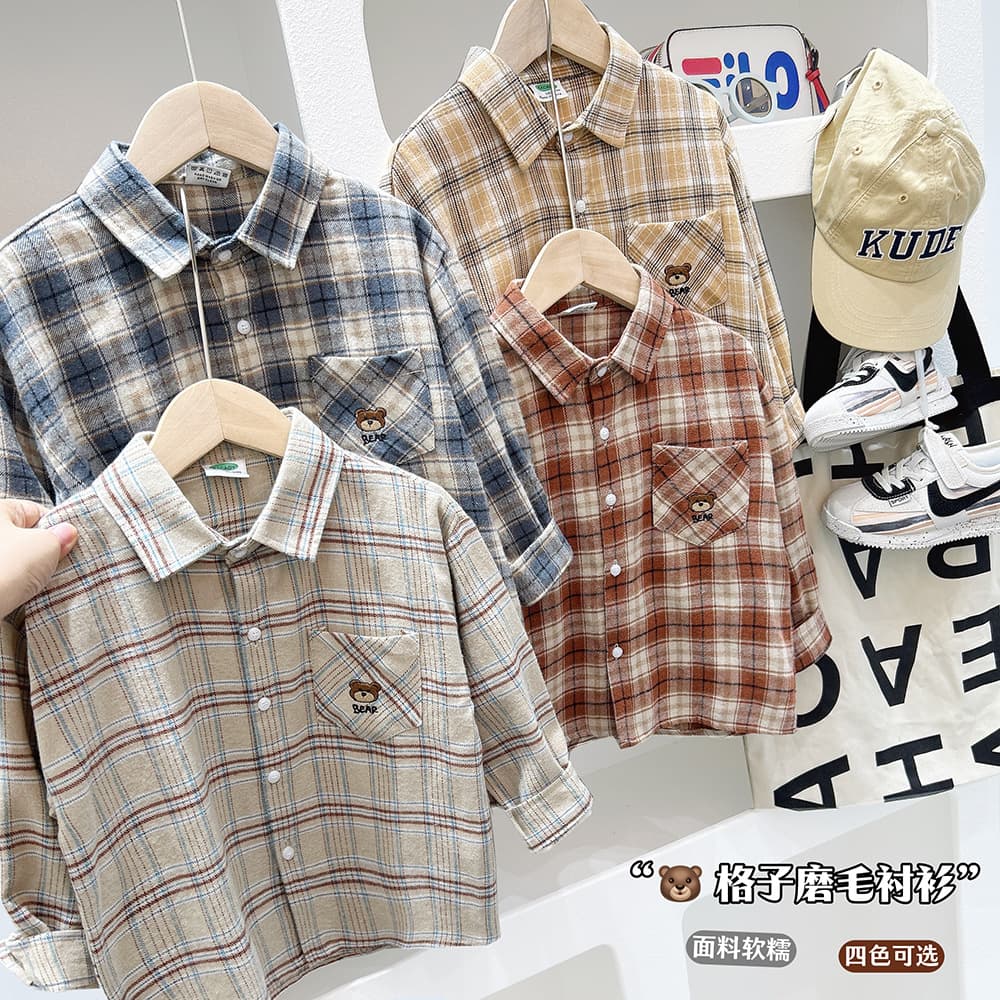 Boys' plaid shirt, spring and autumn style, children's top, children's clothing for medium and large children, 2024 autumn new style, trendy baby boy shirt.