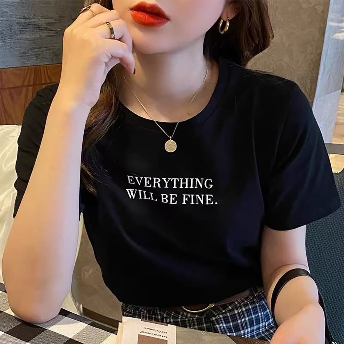 Ice Silk Back-Neck High-End Letter Print Short-Sleeve T-Shirt for Women, Loose Harajuku Style Top, Versatile Simple Base Shirt