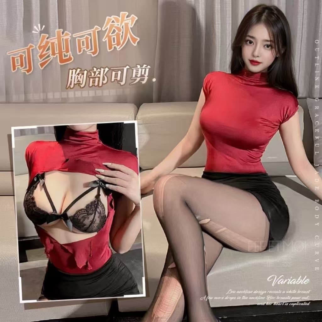 Sexy Secretary Pencil Skirt with Plunging Neckline Two-Way Fun Costume Lingerie Pure Desire Sleepwear Role Play Set