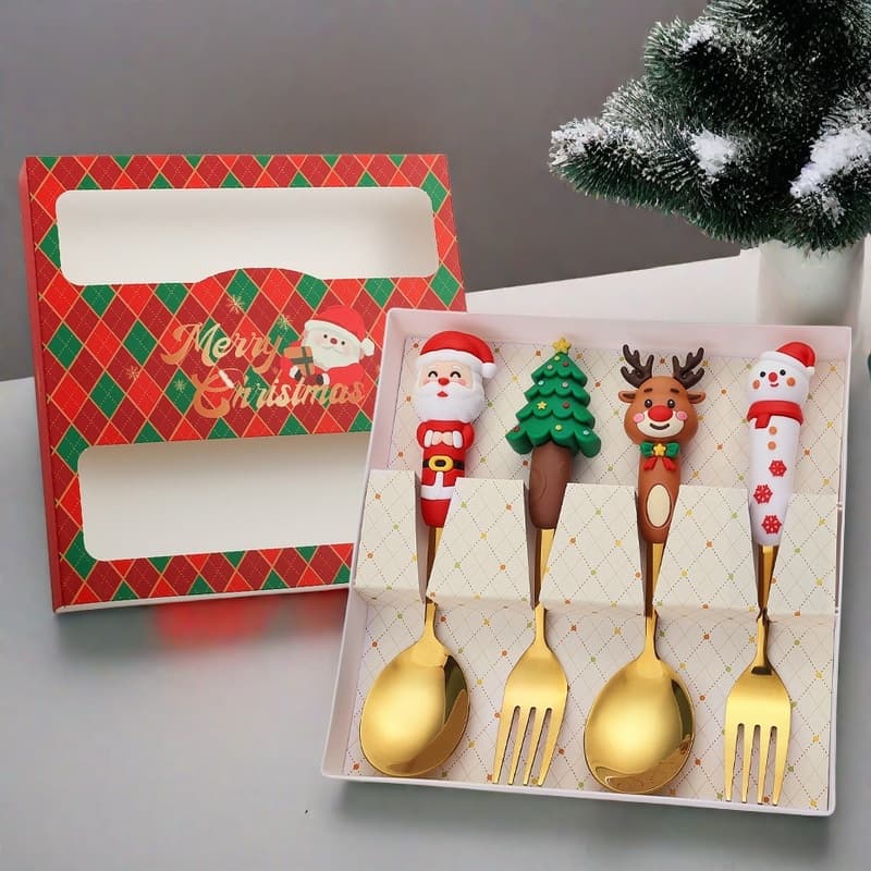 Cross-border large doll Christmas spoon and fork set cartoon Santa Claus dessert coffee stirring spoon fruit fork