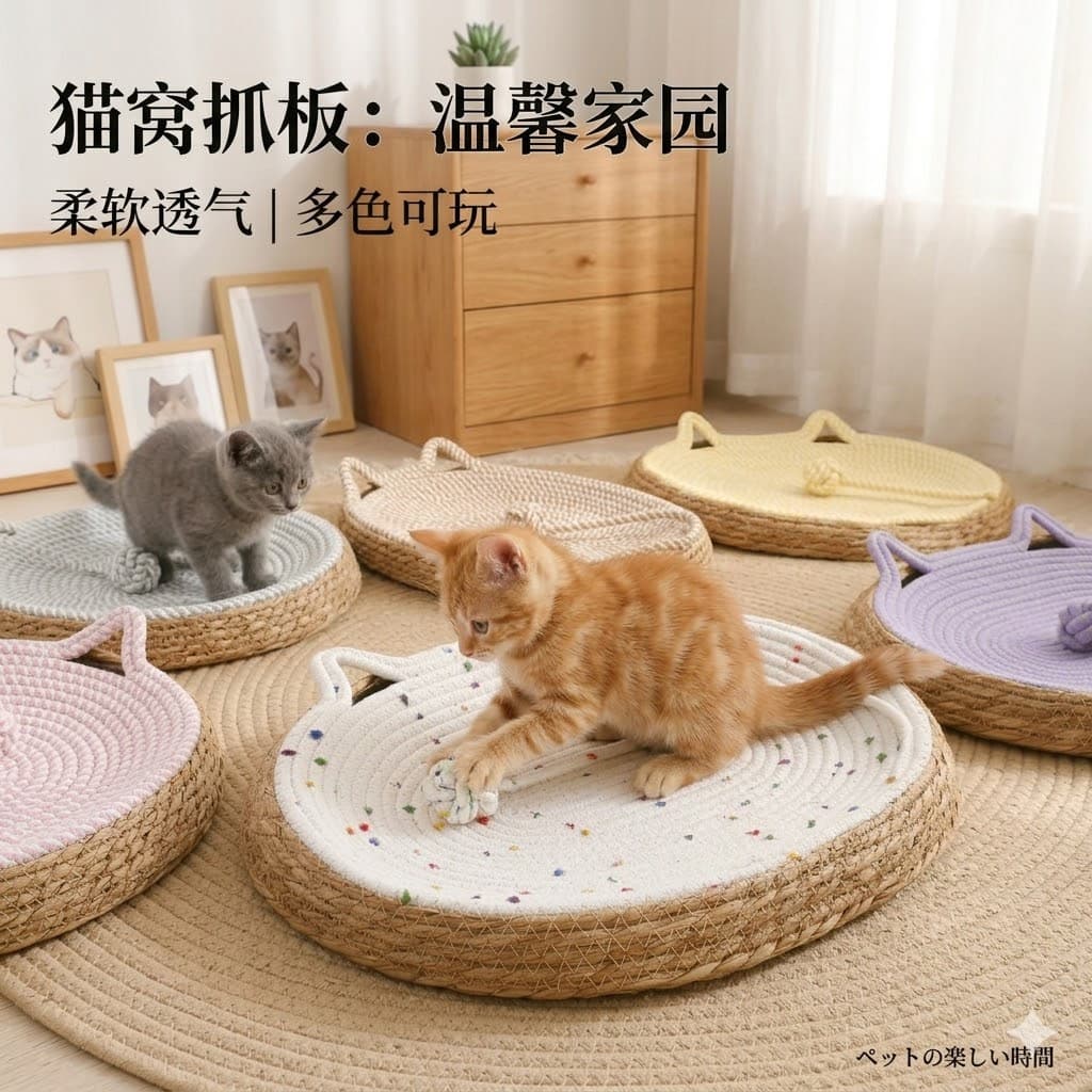 Summer Cat Scratcher Board and Cat Bed Integrated, Breathable, Wear-resistant, No Lint, Oval Cat Bed, Suitable for All Seasons