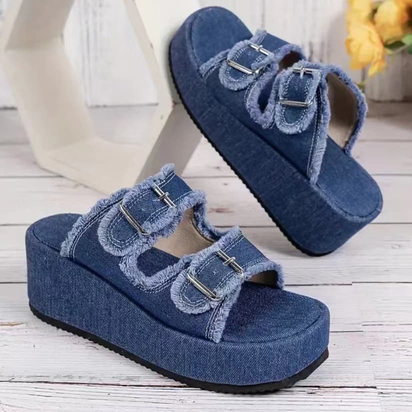 Cross-border new large size lame heel denim belt buckle slip-on slippers for women summer outer wear thick-soled slippers