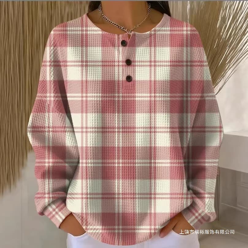 Cross-Border Foreign Trade Amazon New Model Retro 3D Digital Print Three-Button Women's Small Stand Collar Polo Top