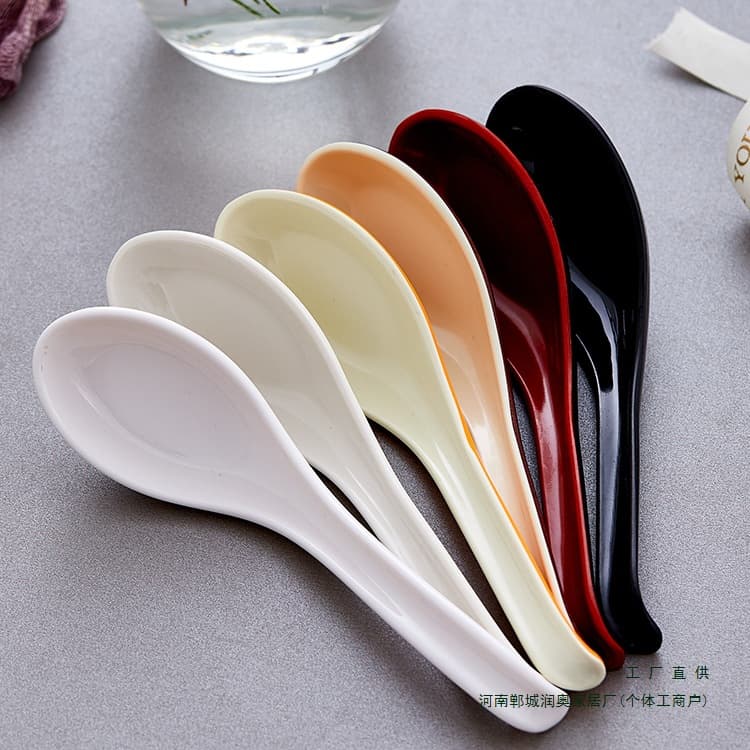 Melamine soup spoon, long handle, commercial high temperature resistant, restaurant and hotel, colorful with hook, imitation porcelain plastic small spoon, ladles, tablespoons