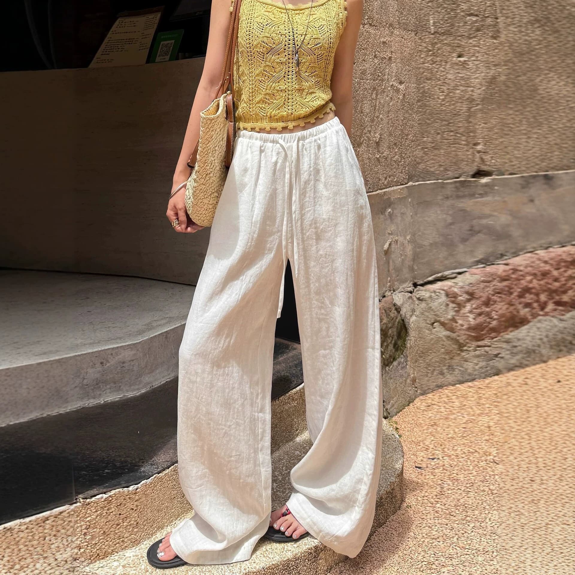 Vintage Linen White Pants for Women Summer Thin Loose Casual Cotton Linen Ramie Flax Feel Ice Silk Wide Leg Pants