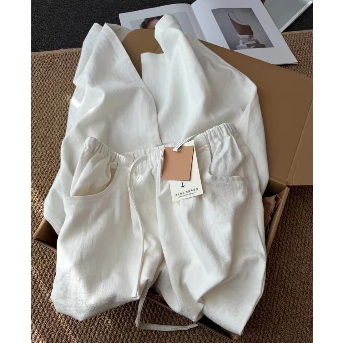STUDIO CHUWU! Old Money Style Beige Cotton-Linen Drawstring Wide-Leg Pants for Women Chic Spring/Summer Simple Casual Trousers