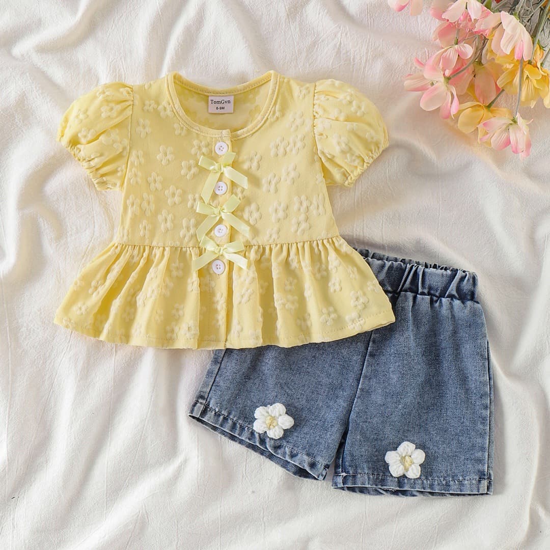 Baby Girls Clothes 0-3Y Baby Girls Summer Puff Sleeve Skirt Top + Flower Short Jeans