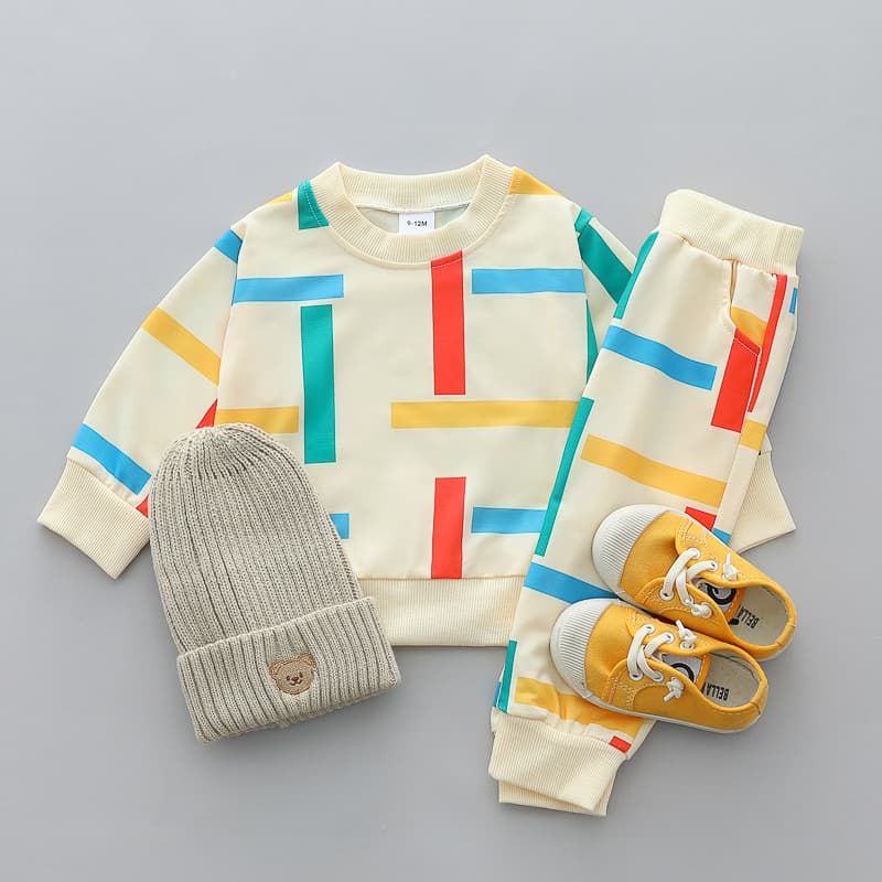 Baby Boys Clothes 0-3Y Long Sleeve Colorful Block Print Pullover Hoodie + Sweatpants In Stock