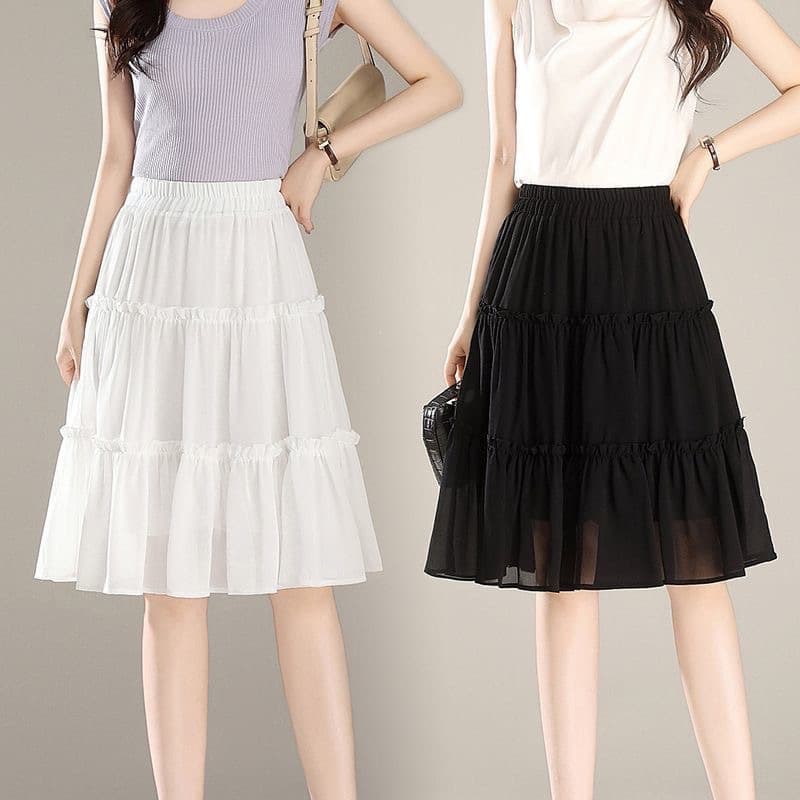 2026 Summer Slimming Versatile Mid-Length Skirt for Petite Figures, White High-Waist Irregular Elastic Waist Tiered Skirt