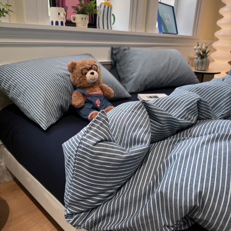 Cross-Border Washed Cotton Striped Plaid Skin-Friendly Soft Four-Piece Bedding Set, Duvet Cover, Fitted Sheet, Bedding Products, Foreign Trade Wholesale