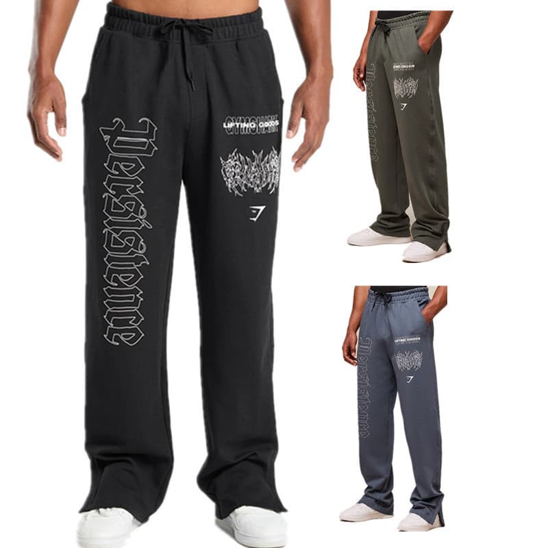 GYM American Muscle Fitness Running Long Pants Casual Trendy Print Zip Hem Loose Straight Leg Pants