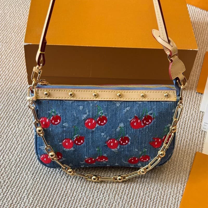 Cross-border 2025 New Denim Jeans 3D Embroidered Cherry Pochette Crossbody Chain Bag Versatile Mahjong Bag