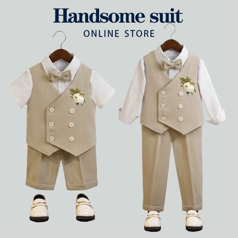 Children's Formal Suit for Boys Flower Boy Tuxedo Set British Style Summer Baby First Birthday Blazer Host Performance Outfit