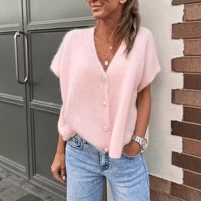 2026 Spring/Summer New Gentle Style Pink Knit Vest for Women V-Neck Short-Sleeve Cardigan Loose Relaxed Fit Outerwear