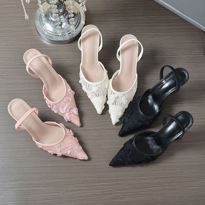 Pink Petal Half Slippers Pointed Toe Elegant Sandals Women 2026 New Korean Style Versatile Stiletto Heel Outdoor High Heels
