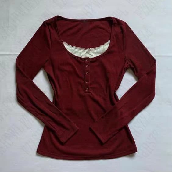 Autumn New Round Neck Lace Slim Sweet Long Sleeve Sweater Top Lightweight