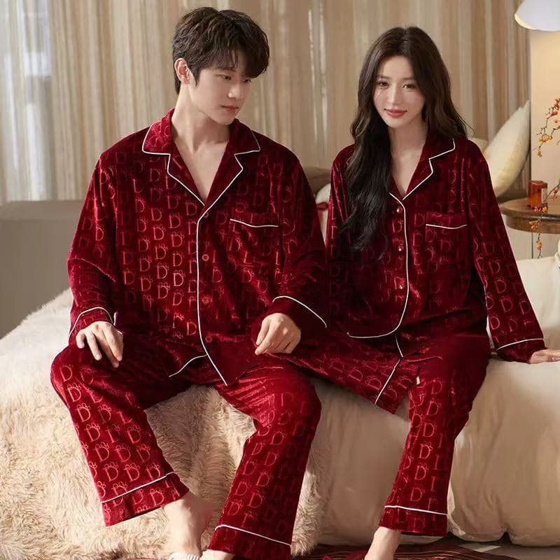 Wedding Pajama Set for Couples, Women's Red Autumn/Winter, Velvet Luxury, Men's Style, Newlyweds Set